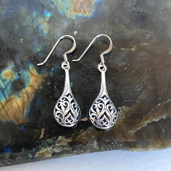 Sterling Silver 925 Hollow Pierced Filigree Scrollwork Teardrop Dangle Earrings - Picture 2 of 15